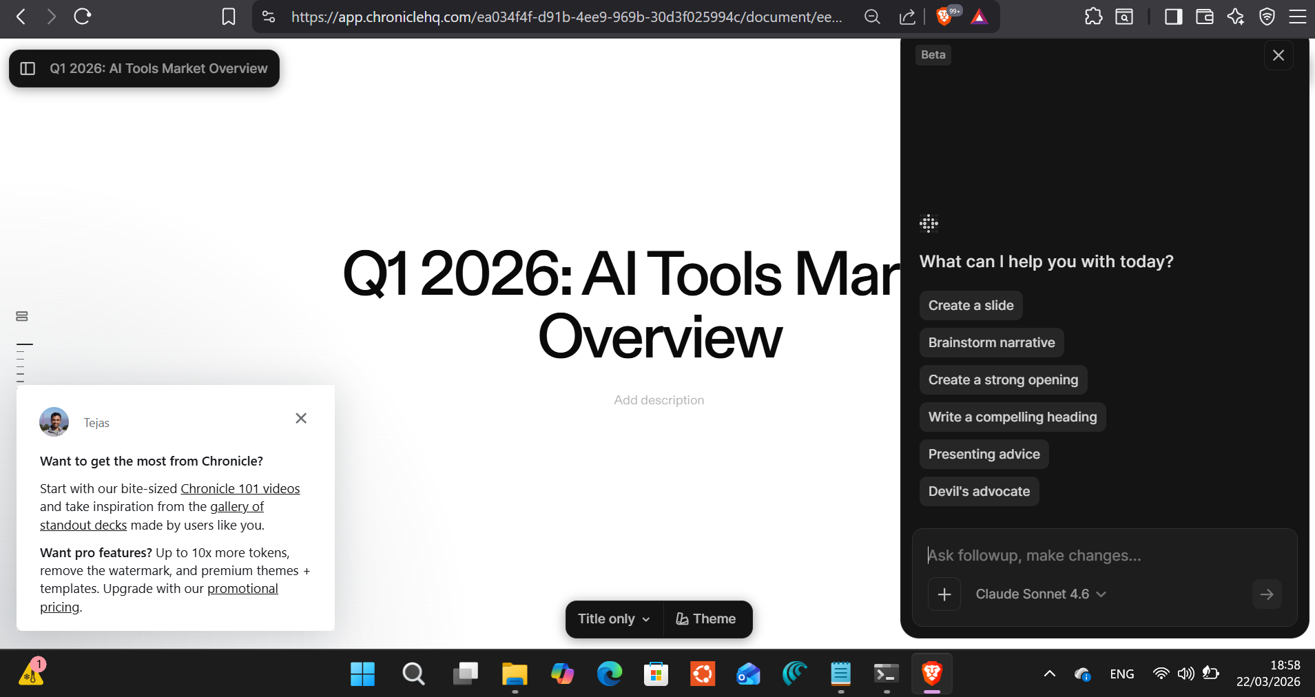 Chronicle's editor with the AI sidebar open — six AI actions including Devil's Advocate