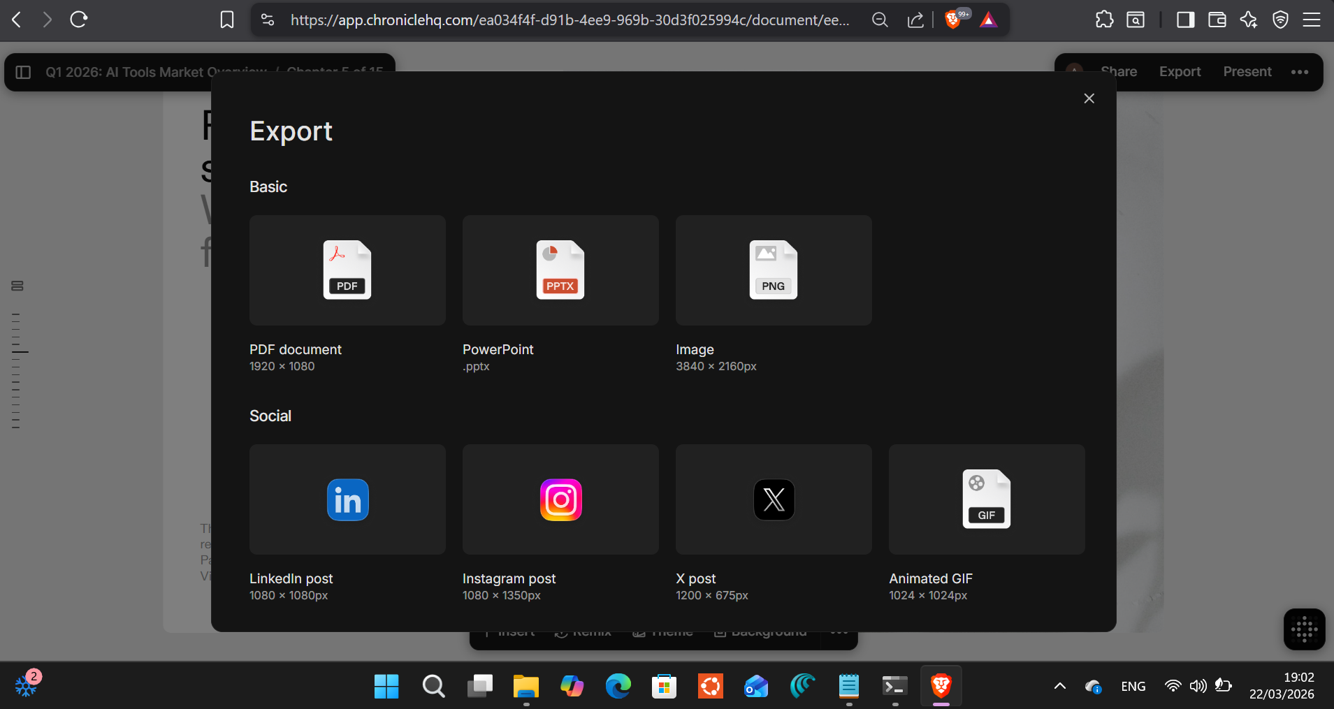 Chronicle's export modal — seven formats, all available on the free tier
