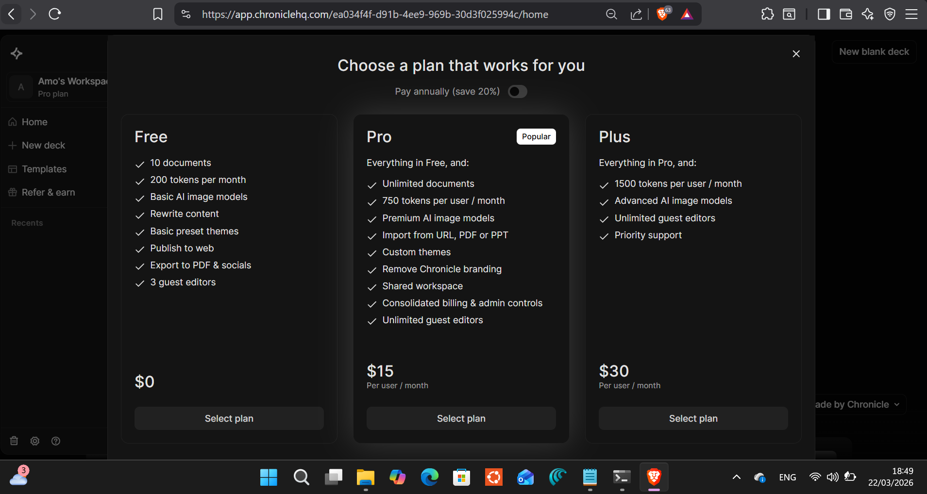 Chronicle's pricing — Free $0, Pro $15/month, Plus $30/month