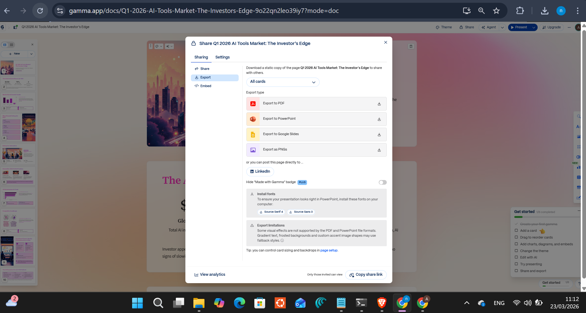 Gamma's export modal — PDF and PowerPoint listed, but only available on Pro ($18/month)