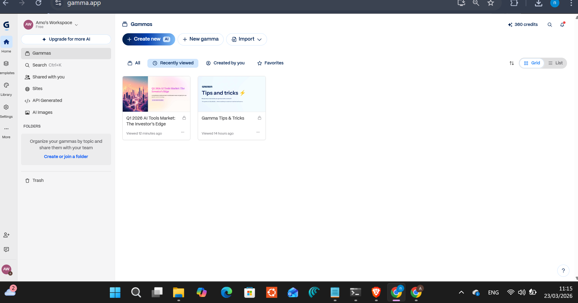 Gamma's dashboard — 280 credits remaining after one presentation