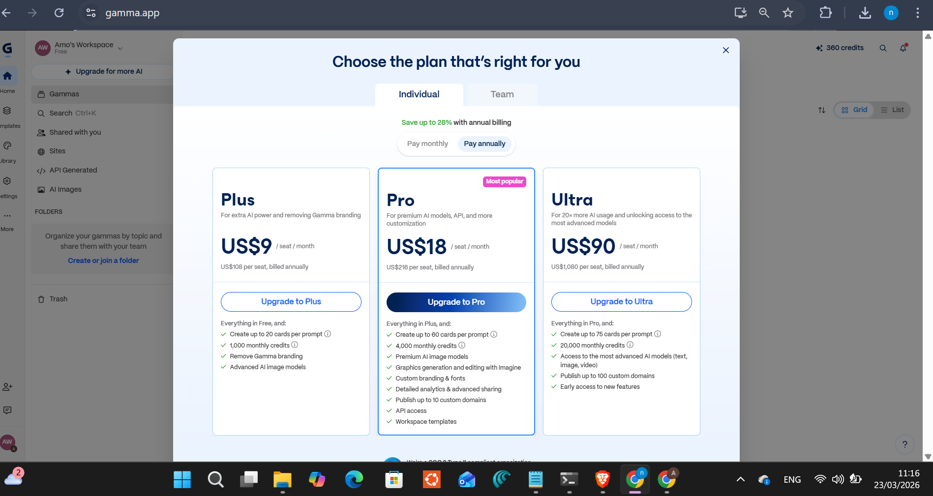 Gamma's pricing — Plus $9/mo, Pro $18/mo, Ultra $90/mo