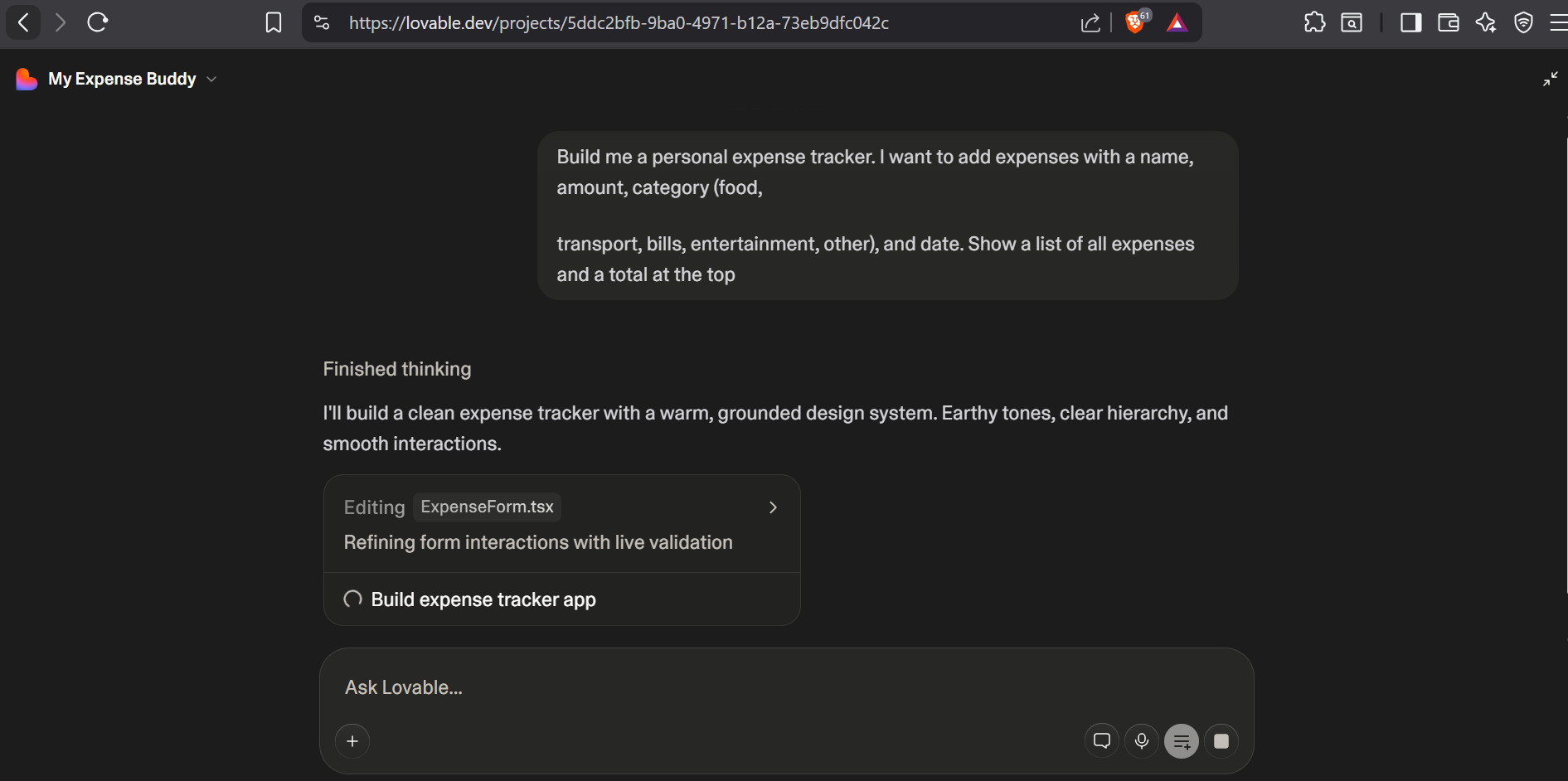 Amo's first prompt in the Lovable chat interface