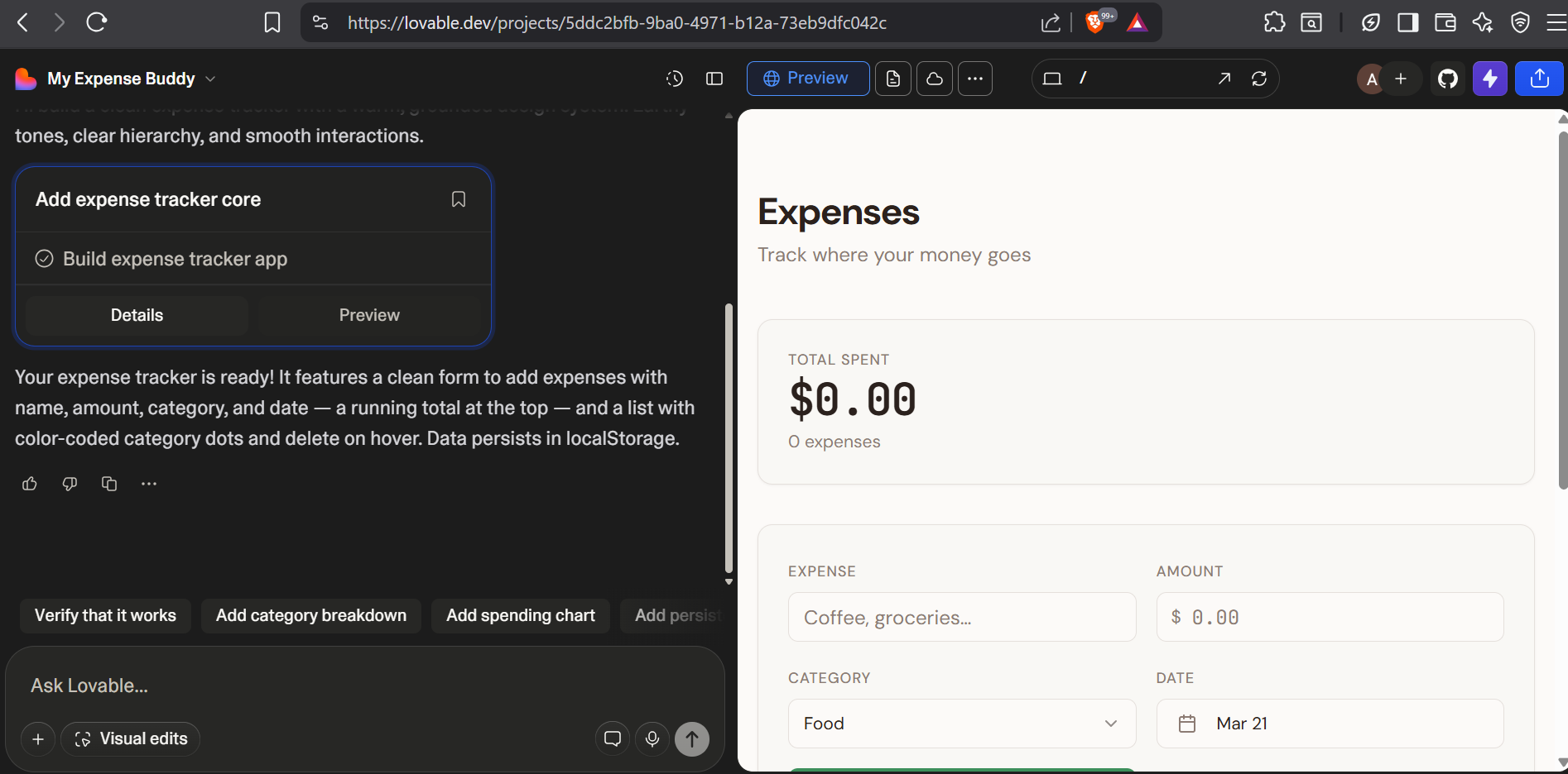 Generated app with code panel on left and live preview on right