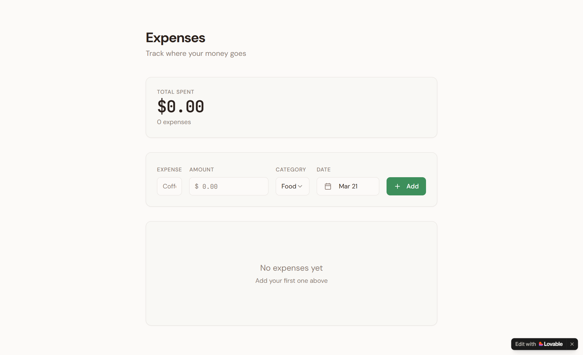 Full page clean UI with the complete expense form and list