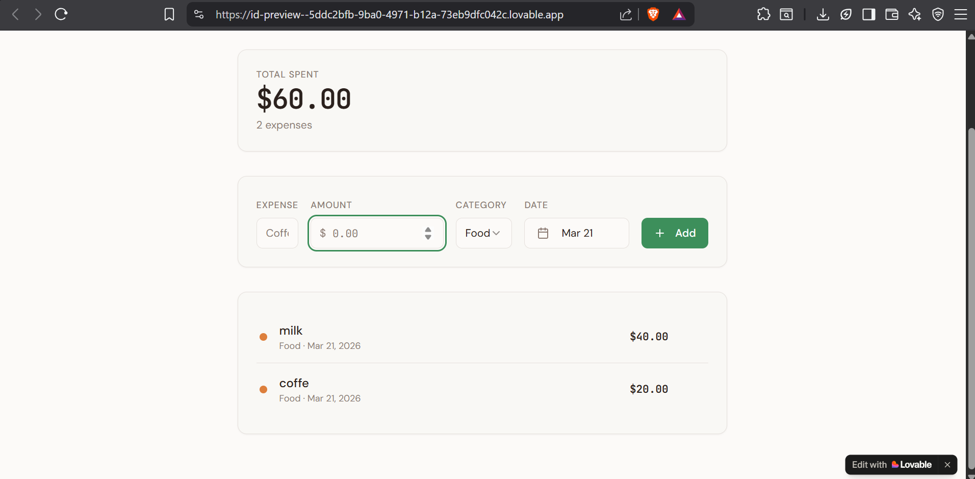 Working app with $60 in expenses showing in the table