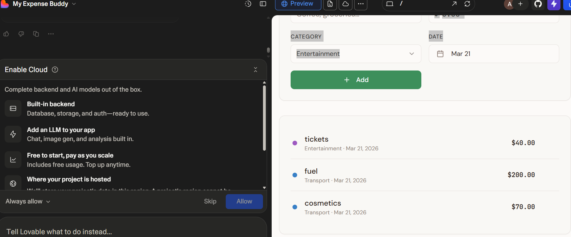 Enable Cloud dialog prompting to connect Supabase with Allow button
