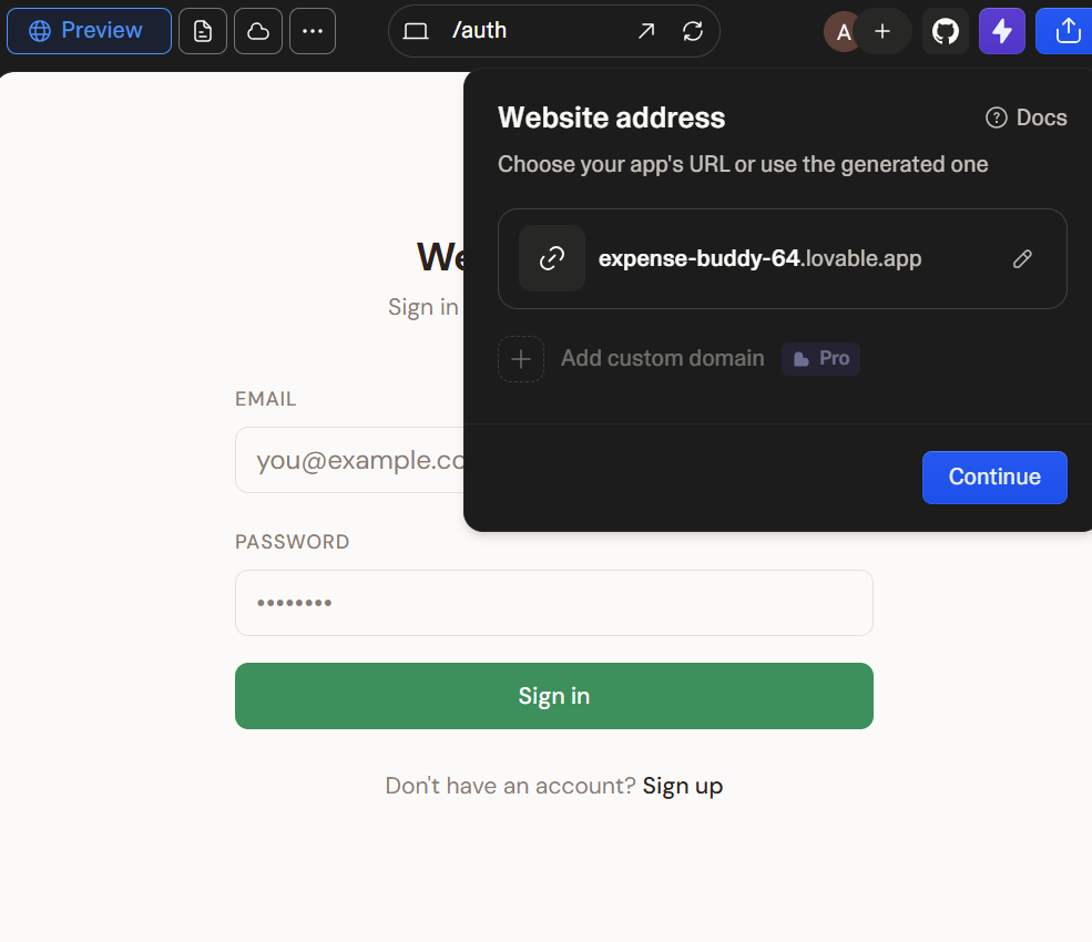 Deploy dialog showing the live URL being generated
