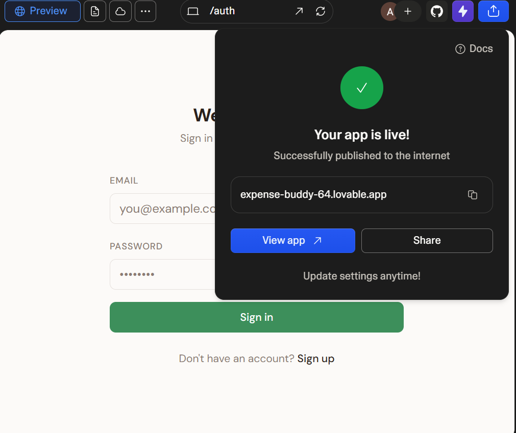 Your app is live success screen with the public URL