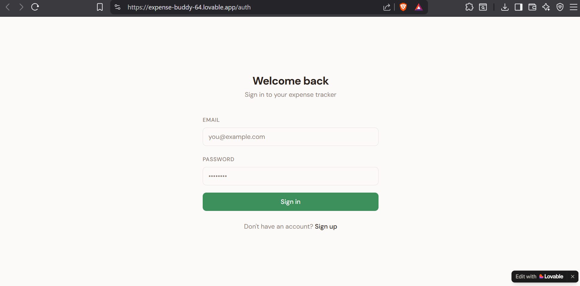 Final deployed Expense Buddy app at its live URL with login page visible